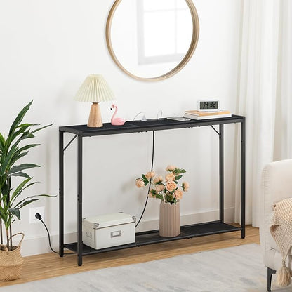 Sofa Table with Power Outlet, 43.7" Console Table with USB Ports, Behind Couch Table, Entryway Table for Living Room, Entryway, Foyer, Metal Frame, Adjustable Feet, Black CTHB11E01N1