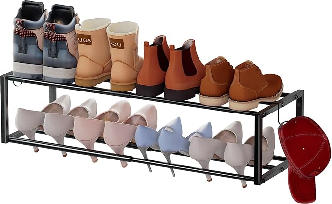 Expandable Wall Mounted Shoe Rack, 17"-31" Adjustable Hanging Shoe Rack Holds 8 Pairs, Heavy Duty Metal Shoe Holder with 2 Storage Hooks, Space Saving for Entryway Closet Doorway（Black）
