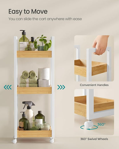 SONGMICS Bamboo Rolling Cart, 3-Tier Utility Cart on Wheels, Slim Narrow Storage Shelf, Bamboo Shelves, Space-Saving, Multifunctional, for Bathroom, Kitchen, White and Natural UBCB083N02