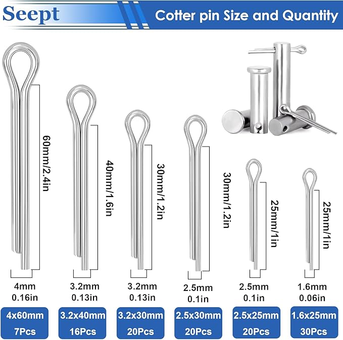 200Pcs 304 Stainless Steel Cotter Pins Assortment Kit - Hitch Pin Clips for Locking Systems | Ideal for Farm Tools, Tractor Implements, and Accessories