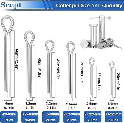200Pcs 304 Stainless Steel Cotter Pins Assortment Kit - Hitch Pin Clips for Locking Systems | Ideal for Farm Tools, Tractor Implements, and Accessories