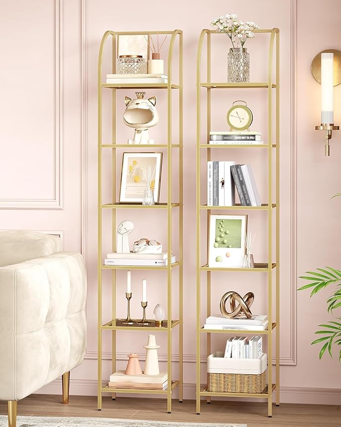 Bookcase Bookshelf, Tempered Glass Arched Bookshelf for More Storage, Slim Shelving Unit for Bedroom, Bathroom, Home Office, Steel Frame, 6 Tier Gold BC20699G
