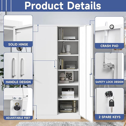 Metal Garage Storage Cabinet, 71" Locking Cabinet with 2 Doors and 5 Adjustable Shelves, White