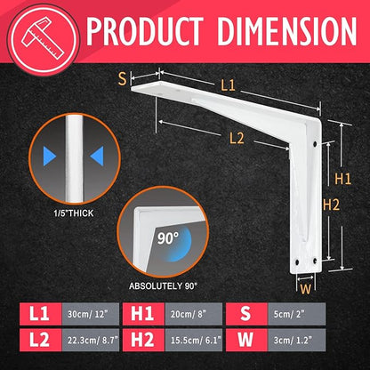 CLT 12” White Shelf Bracket, 1/5" Thick – Heavy Duty Corner Brace, Supports 330 lbs, Industrial Modern Farmhouse Style – Right Angle Bracket for Tables, Benches, DIY Space-Saving Projects (Pack of 4)