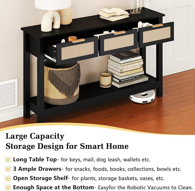 Luoxiao Entryway Table with 3 Rattan Drawers, 47" Narrow Console Table with Storage Shelf, Modern Black Sofa Table for Living Room Hallway Foyer, Slim Entry Way Cabinet, Anti-Tip, Easy Assembly
