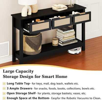 Luoxiao Entryway Table with 3 Rattan Drawers, 47" Narrow Console Table with Storage Shelf, Modern Black Sofa Table for Living Room Hallway Foyer, Slim Entry Way Cabinet, Anti-Tip, Easy Assembly