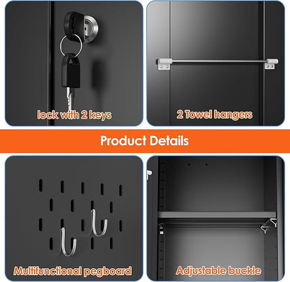 Broom Closet Storage Cabinet with 5 Pegboard, Hanging Rod &13 Hooks, Utility Metal Garage Storage Cabinets with Doors and 4 Shelves for Garage Home Storage, Black,61.6" Hx27.6 Wx13.8 D