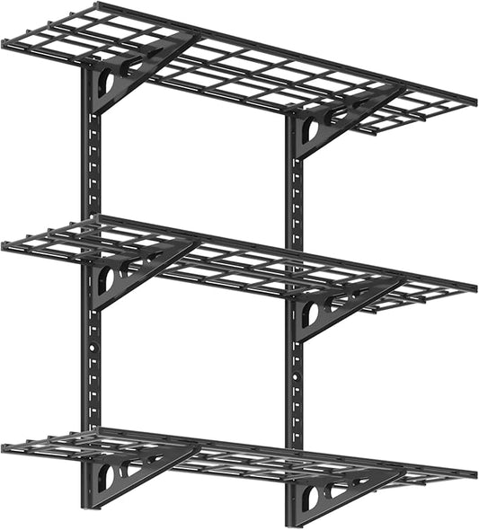 FLEXIMOUNTS 3-Tier 1x3ft Garage Storage Wall Shelving, 12x36inch per Shelf Height Adjustable Floating Shelves, Heavy Duty Wall Mounted Shelve, 600lbs Weight Capacity, Black, Classic Series