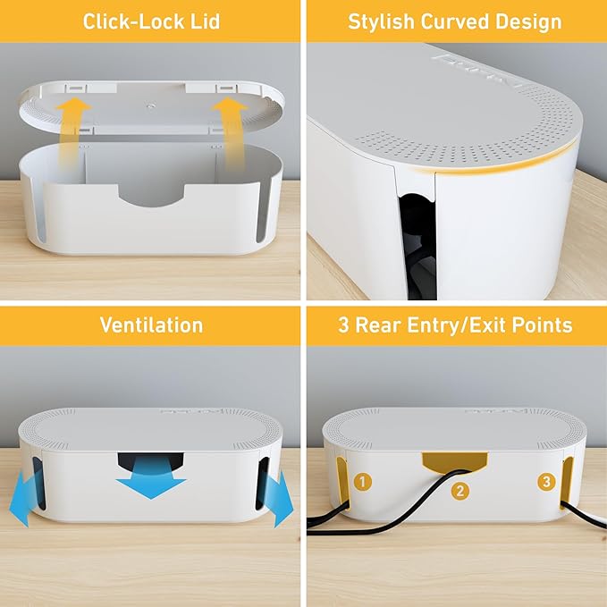 D-Line Cable Tidy Box | Hide and Conceal Extension Blocks and Electrical Cables from TVs, Computers, Gaming Consoles & PCs | Cable Management Made from a Robust Electrically-Safe ABS Material | Large, White