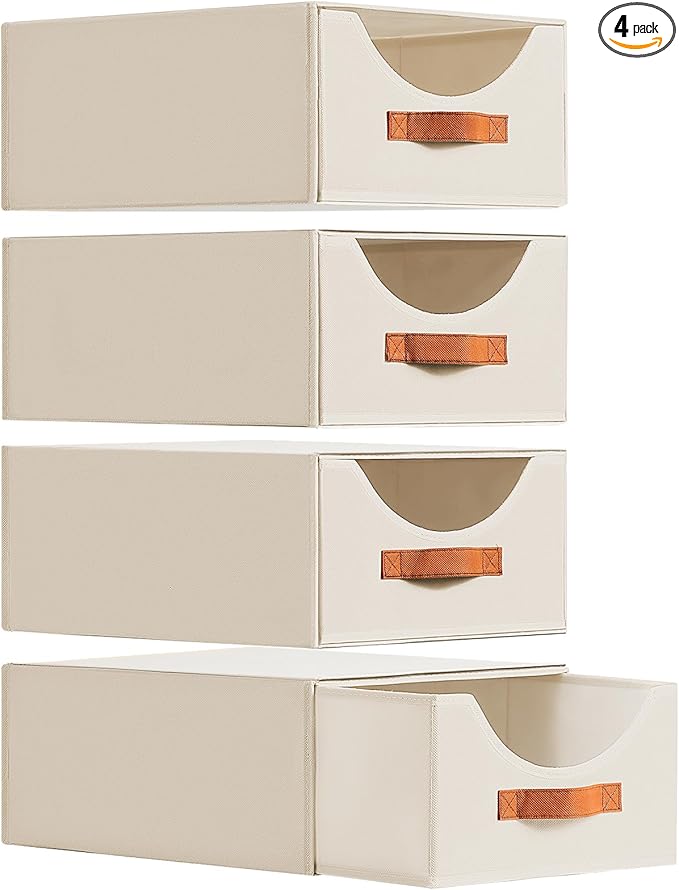 Stackable Storage Drawers - Large Collapsible Storage Bins with Drawers, 4 Pack Closet Shelf Organizer Basket, Fabric Pull Out Organizer for Bedroom, Living Room, Dorm, Light Beige