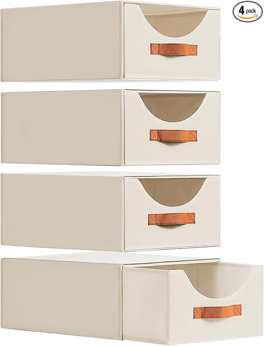 Stackable Storage Drawers - Large Collapsible Storage Bins with Drawers, 4 Pack Closet Shelf Organizer Basket, Fabric Pull Out Organizer for Bedroom, Living Room, Dorm, Light Beige