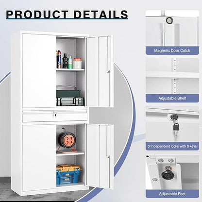 Metal Storage Cabinet,Tall File Cabinet with 2 Adjustable Shelves and Drawer,Lockable Steel Tool Cabinet for Home Office Garage School Warehouses