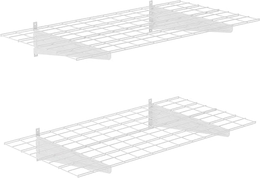 2-Pack 2x4ft Garage Wall Shelving, 24"x48" Shelf Storage Rack Floating Shelves Wall Mounted, Heavy Duty Storage Shelves, 800lbs Load Capacity, with 8 Hooks for Garage Organization, White