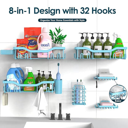 Shower Caddy Adhesive Shower Organizer 8-Pack, Rustproof Stainless Steel Bathroom Shelves, Large Capacity No-Drill Rack Storage Accessories with Soap Dish Toothbrush Holder Hooks