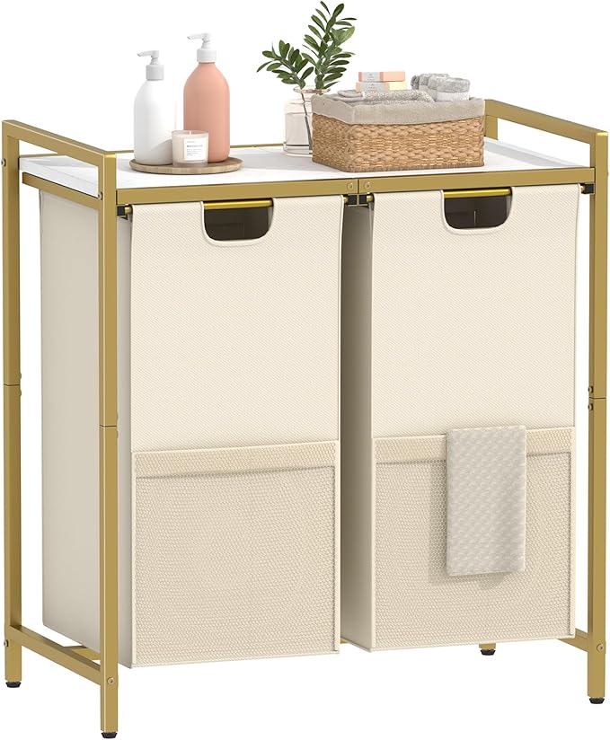 Laundry Hamper, double Laundry Basket, Laundry Sorter with Top Shelf & 2 Removable Washable Bags & Side Pockets for Laundry Room organization, Bathroom and Dorm, Gold and White