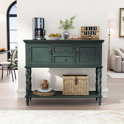 ARTPOWER Console Table with 2 Drawers, Retro Entryway Table with 2 Door Cabinets and Open Storage Shelf, Narrow Long Behind Couch Sofa Table for Living Room, Foyer, Hallway, Green