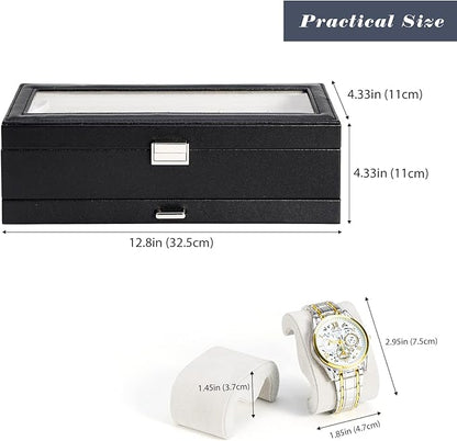 ProCase Watch Box, 6 Slot Watches Display Case with Drawer, Mens Watch Case with Glass Lid, 2-Layer Mens Jewelry Organizer Storage Holder, Birthday Valentine Gifts for Men -6 Slot, Black