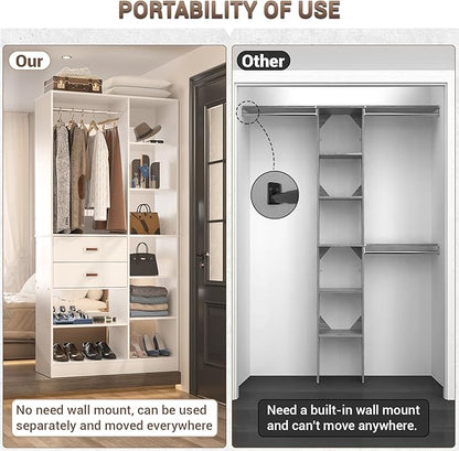 Armocity Freestanding Closet System, 40 Inches Stand-Alone Wardrobe with 10 Shelves, 80'' Height Adjustable Cloth Garment Rack with 2 Wood Drawers, Wood Walk-in Closet with Hanging Rod, White