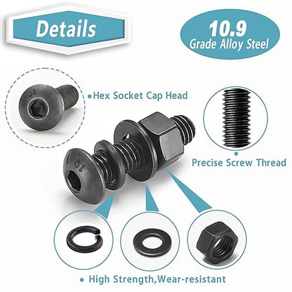 Kadrick Metric Screw Assortment, 2000PCS Metric Bolt Assortment Kit M2 M3 M4 M5 Machine Screws with Lock & Flat Washers, Grade 10.9 Alloy Steel Hex Socket Button Head Black Screws Nuts and Bolts Kit