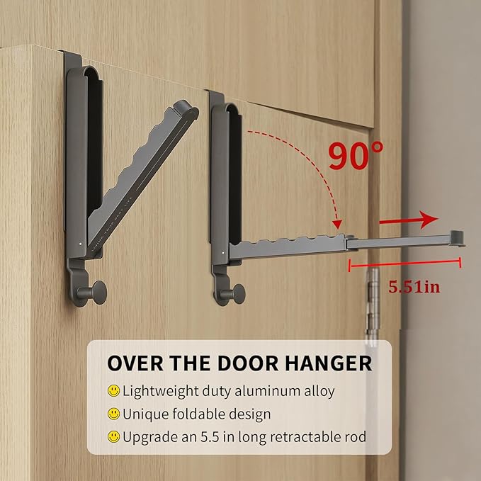 Over The Door Drying Rack, Foldable Portable Over The Door Hooks Hanger with Retractable Hanging Rod, Over The Door Clothes Drying Rack Equipped with Non-Slip Pads for Door Protecter (2, Space Grey)
