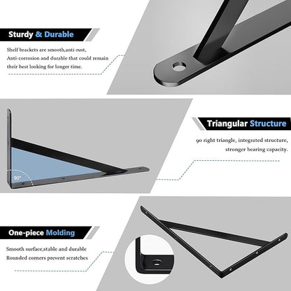 10 Pack L10 x H 6" Heavy Duty Shelf Brackets with Screws Open Floating Shelving Bracket L Brackets Black Metal Shelf Brackets for Shelves, Room, Pantry,Garage