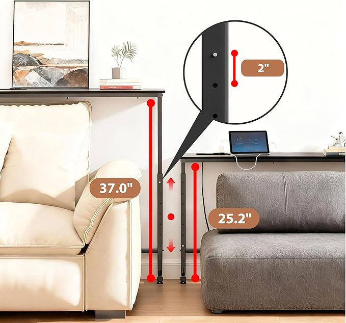 45 inch Narrow Console Table with Outlet,Adjustable Height(25"-37") Behind Sofa Table,Couch Behind Table Skinny,Couch Shelf with Charging Station,Long Entryway Tables for Living Room,Black