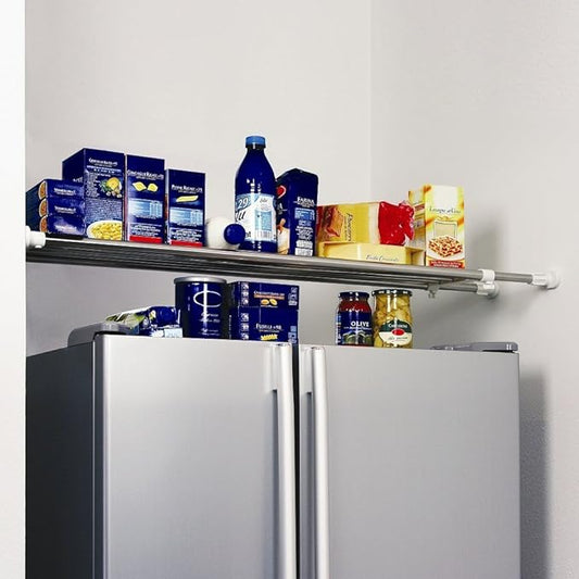 BAOYOUNI Closet Tension Shelf & Rod, Bathroom Kitchen Garage Telescopic Storage Rack, Expandable Adjustable Separator Wardrobe Cupboard Space Saving Divider, Ivory, 46''-74''