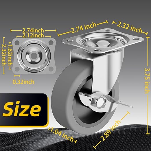 3 Inch Caster Wheels, Casters Set of 16, Heavy Duty Caster with Brake, Locking Castors with Rubber Wheel，Plate Swivel Caster Wheels for Furniture Cart and Workbench,Pack of 16