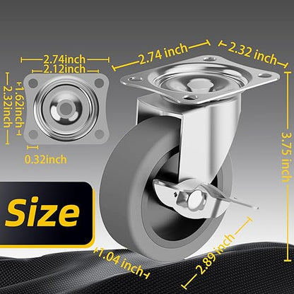 3 Inch Caster Wheels, Casters Set of 16, Heavy Duty Caster with Brake, Locking Castors with Rubber Wheel，Plate Swivel Caster Wheels for Furniture Cart and Workbench,Pack of 16