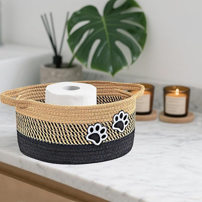 Small Woven Cotton Rope Nursery Organizer Bins, Dog Toy Basket Bins with Handle, Cute Empty Baby Gift Storage Baskets with Paw