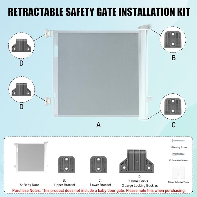 Retractable Baby Gate Replacement Parts Kit, Extension Hardware Set with 2 Latches 2 Brackets & Screws for Baby Gate Wall Mounting (Gray)