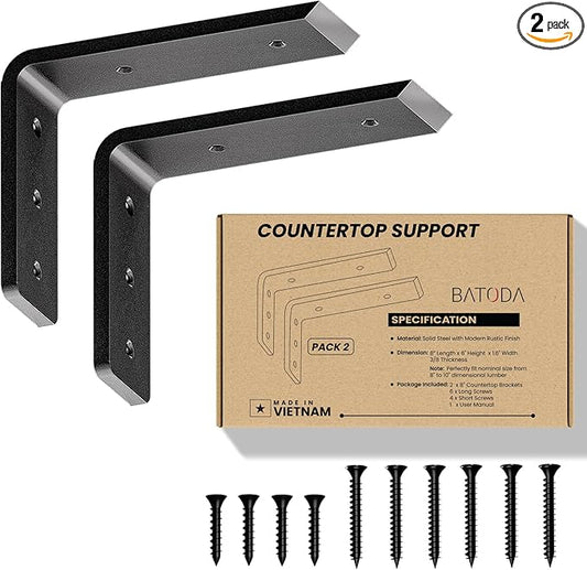 BATODA 8” Countertop Support Steel Brackets (2 pcs) for Large Granite - Heavy Duty L Floating Shelf Bracket - Black Metal Wall Mounted Support for Wood Shelving (8 inch)