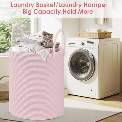 Cotton Rope Storage Basket with Handles, Pink, Large Capacity Laundry Hamper and Laundry Basket for Clothes, 15x18 Inches, Nursery Organizer