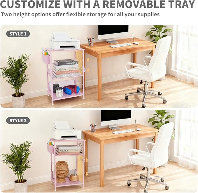 Small Under Desk Storage, Pink Printer Stand with Storage Shelf, 3-Tier Height Adjustable Printer Table with Basket & 3 Hooks for Home Office Fax Machine Scanner Files