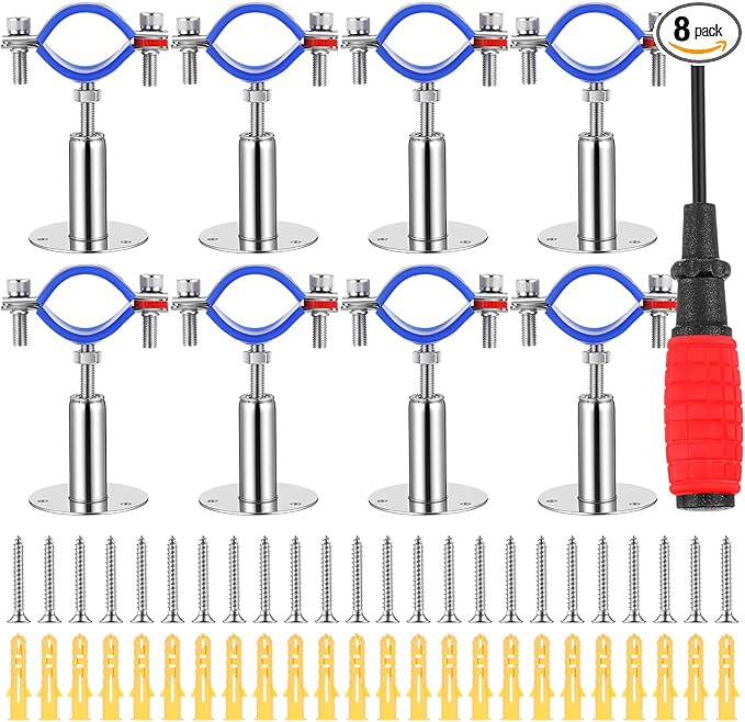 8 Pcs 304 Stainless Steel Wall Mount Ceiling Mount Pipe Supports Bracket, Suitable for OD 1"(32-34mm), Adjustable Height 50-100mm, Pipe Strap Clamp with Screws Screwdriver