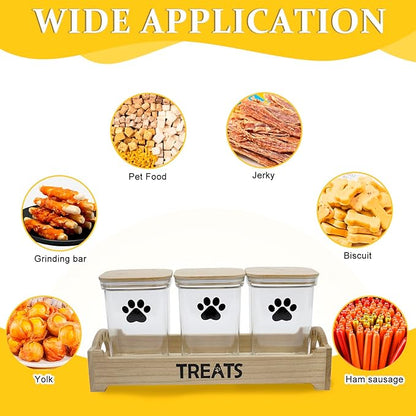 Geyecete dog treat container for Countertop pet treat container with 3 Jars dog treat jars For Puppy Airtight Wooden Dog Treat Storage With wood Lids