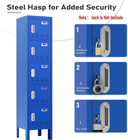 Metal Lockers - 66" Height Steel Lockers for Employees with 5 Door Storage Locker with Card Slot for Employees Gym School Home Office Garage - Assembly Required