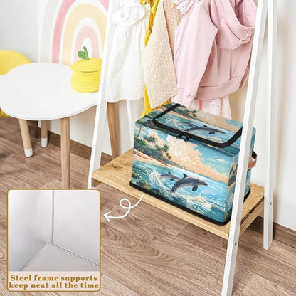 Ocean Beach Dolphin Storage Bins with Zipper Lid, Collapsible Fabric Storage Basket with Leather Handles Closet Shelf Cloth Organizer Basket for Nursery Bedroom Clothes Toy