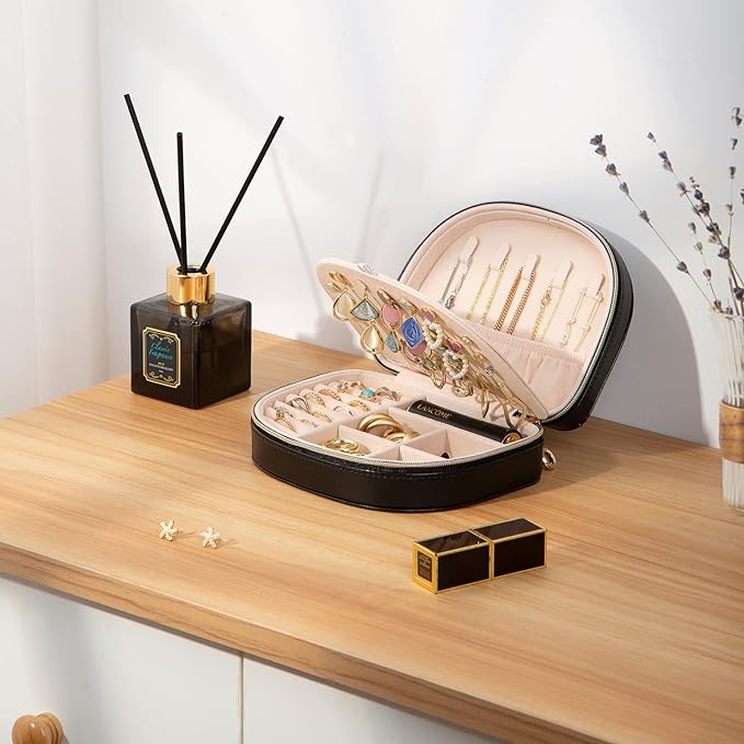 ProCase Travel Size Jewelry Box, Medium Portable Seashell-Shaped Jewelry Case, 2 Layer Jewelry Organizer in PU Leather for Women -Black