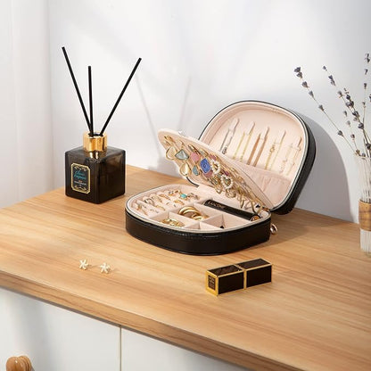ProCase Travel Size Jewelry Box, Medium Portable Seashell-Shaped Jewelry Case, 2 Layer Jewelry Organizer in PU Leather for Women -Black
