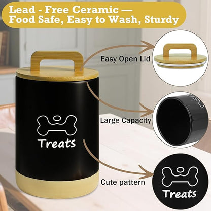 Dog Treat Container Airtight - 5 Inch Wide x 8.7 Inch Black Ceramic Dog Treat Jar for Kitchen Counter, Doggie Cookie Jar with Airtight Bamboo Lid - Farmhouse Style Dog Food Storage Container