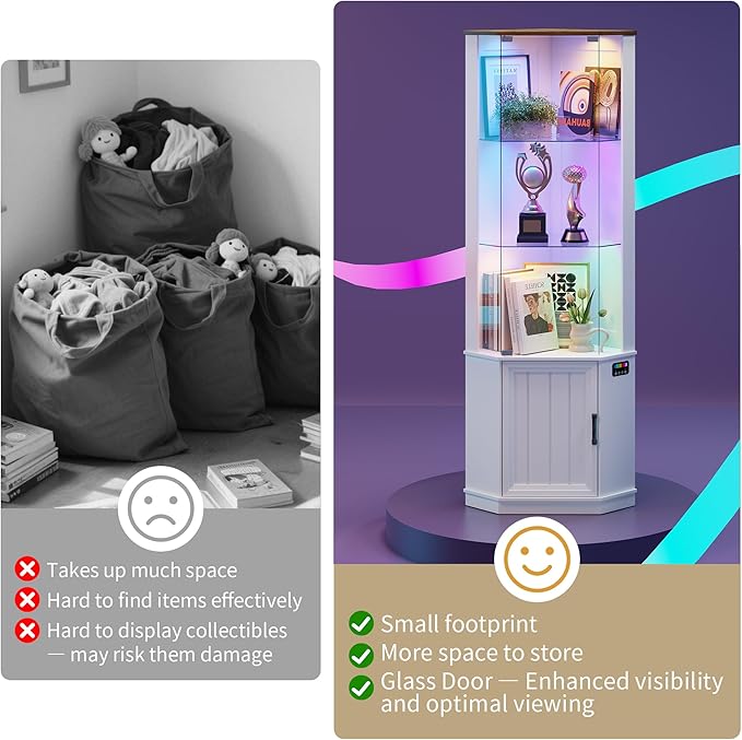 HNEBC 69" Tall Curio Display Cabinet with Glass Door and Movable Shelves,Corner Bookcase with LED Human Sensor Lights,5-Tier RGB Display Case for Collectibles,Bedroom Living Room