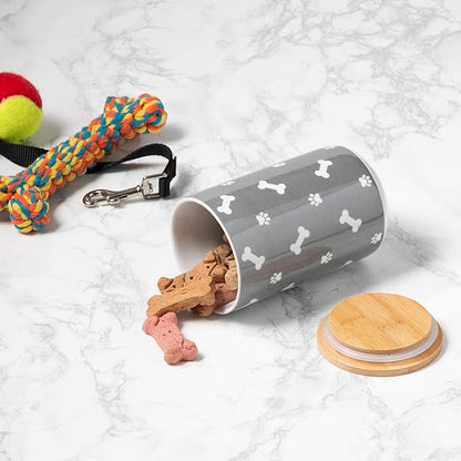 Bone Dry Ceramic Canister with Bamboo Lid, Paw & Bone Collection, Treat Jar, 4x6.5", Gray