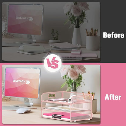 Daltack 3-Tier Paper Organizer with Handle, Mesh Desk Organizer Letter Tray, Paper Tray Organizer File Organizer for A4 File Folder, Pink