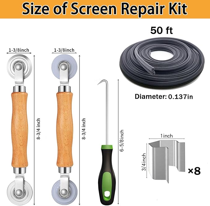 King&Charles Window Screen Door Repair/Replacement Kit, Include Gray Screen Mesh 48"x118"+ 2 Roller+50Ft Spline+8Clips+Hook, 6 in 1 Window Mesh Kit, Steel/Nylon Bearing Roller