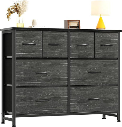 DUMOS TV Stand, Dresser with 8 Fabric Drawers, Spacious Storage Tower for Closet, TV Stand with Wood Top and Mental Frame, Storage Unit for Living Rooms, Bedroom and Entryway, Wood Black