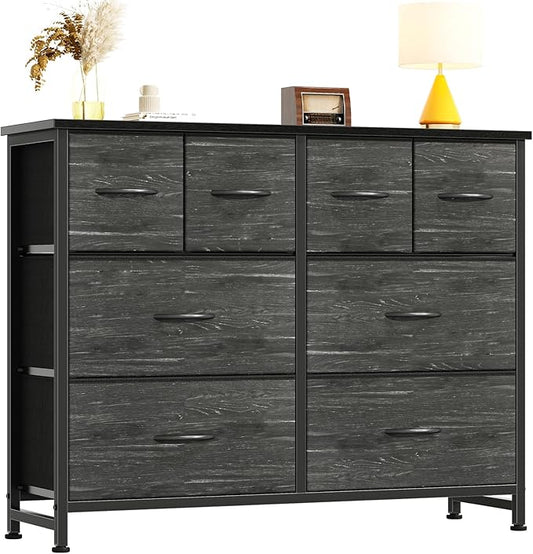 DUMOS TV Stand, Dresser with 8 Fabric Drawers, Spacious Storage Tower for Closet, TV Stand with Wood Top and Mental Frame, Storage Unit for Living Rooms, Bedroom and Entryway, Wood Black