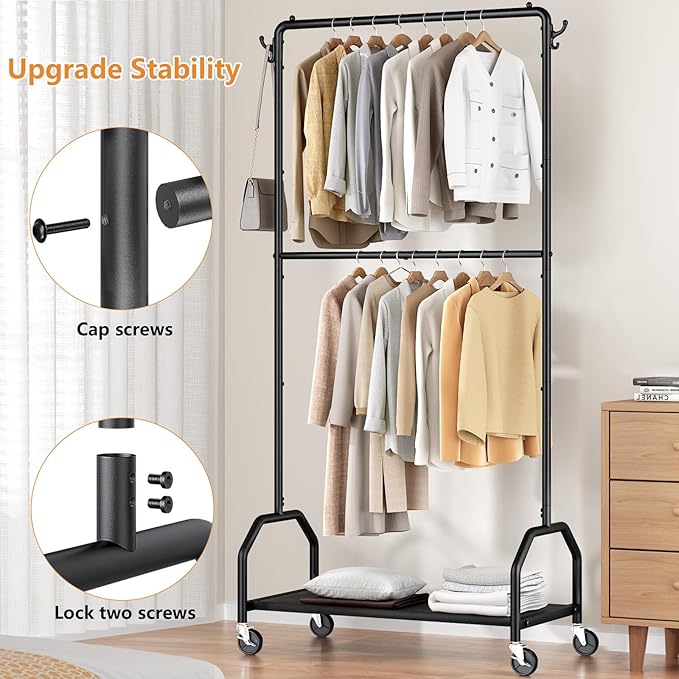 Clothes Rack Double Hanging Clothes Rack Clothing Rack Garment Rack 130LBS Capacity 34.5" W X15.8 D X 79" H Rolling Clothes Racks for Hanging Cothes with Bottom Shelf