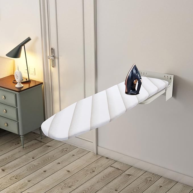 Wall Mounted Ironing Board, Foldable Iron Board with Heat Resistant Cover in Wall White Foldable Ironing Board Space Saving for Home Laundry Room
