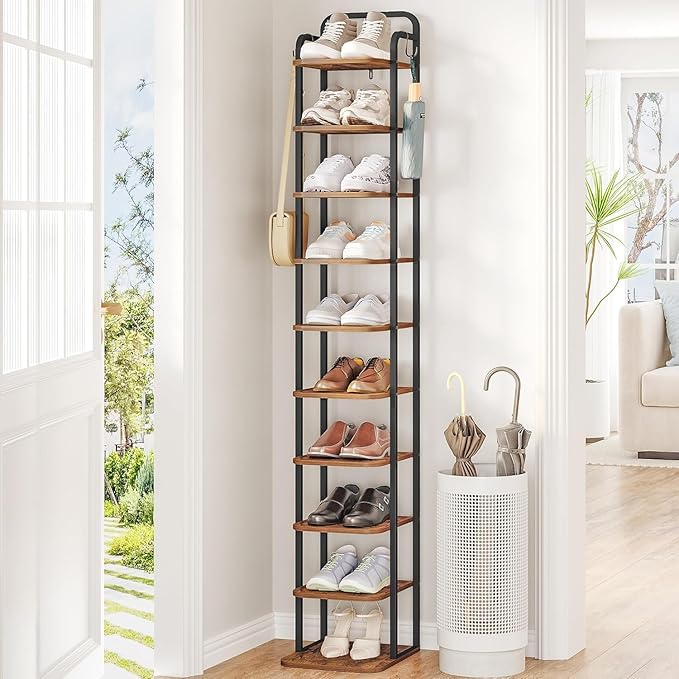 10 Tiers Vertical Shoe Rack, Narrow Shoe Tower, Tall Shoes Shelf with 2 Hooks, Adjustable Shelves, Corner Shoes Shelves for Small Spaces, Entryway, Living Room, Rustic Brown SR11201B